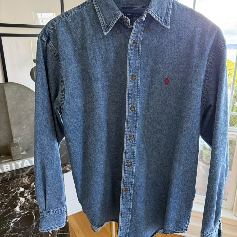 Ralph Lauren Sport Denim Button Down Shirt Vintage Wash Red Pony Cotton Size 10